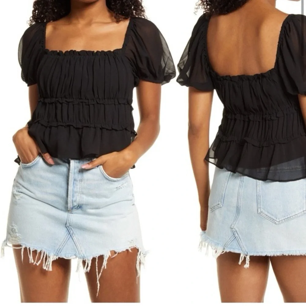 ASTR The Label Savina Puff-Sleeve Top XS black mesh